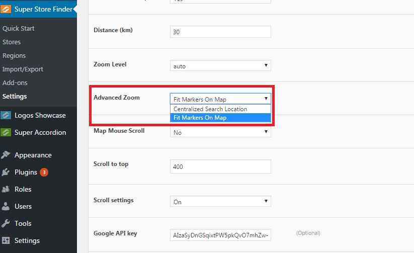 Advanced Zoom setting in Super Store Finder